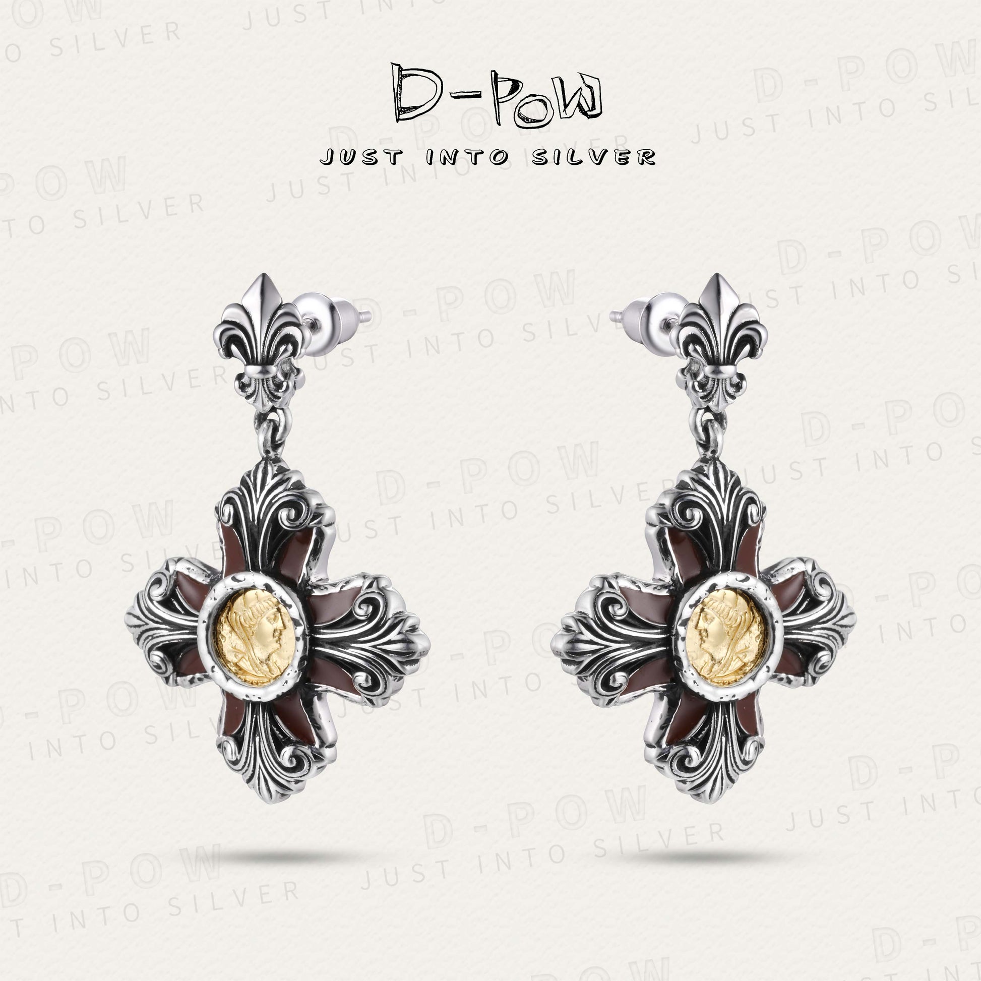 D-Pow 925 Ancient Coin Cross Texture Earring