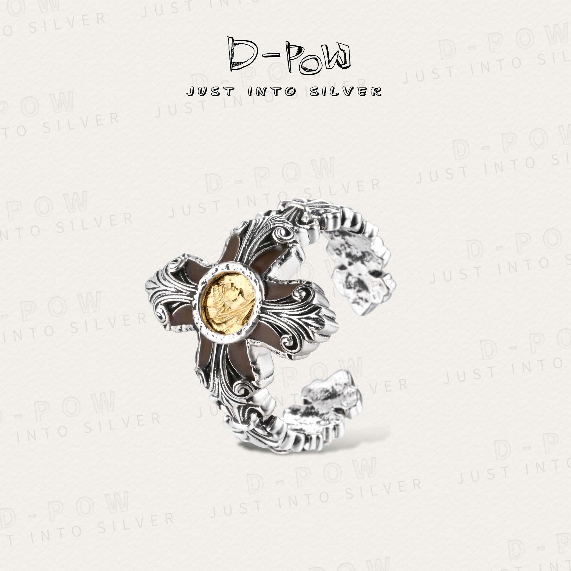 D-Pow 925 Ancient Coin Cross Texture Ring