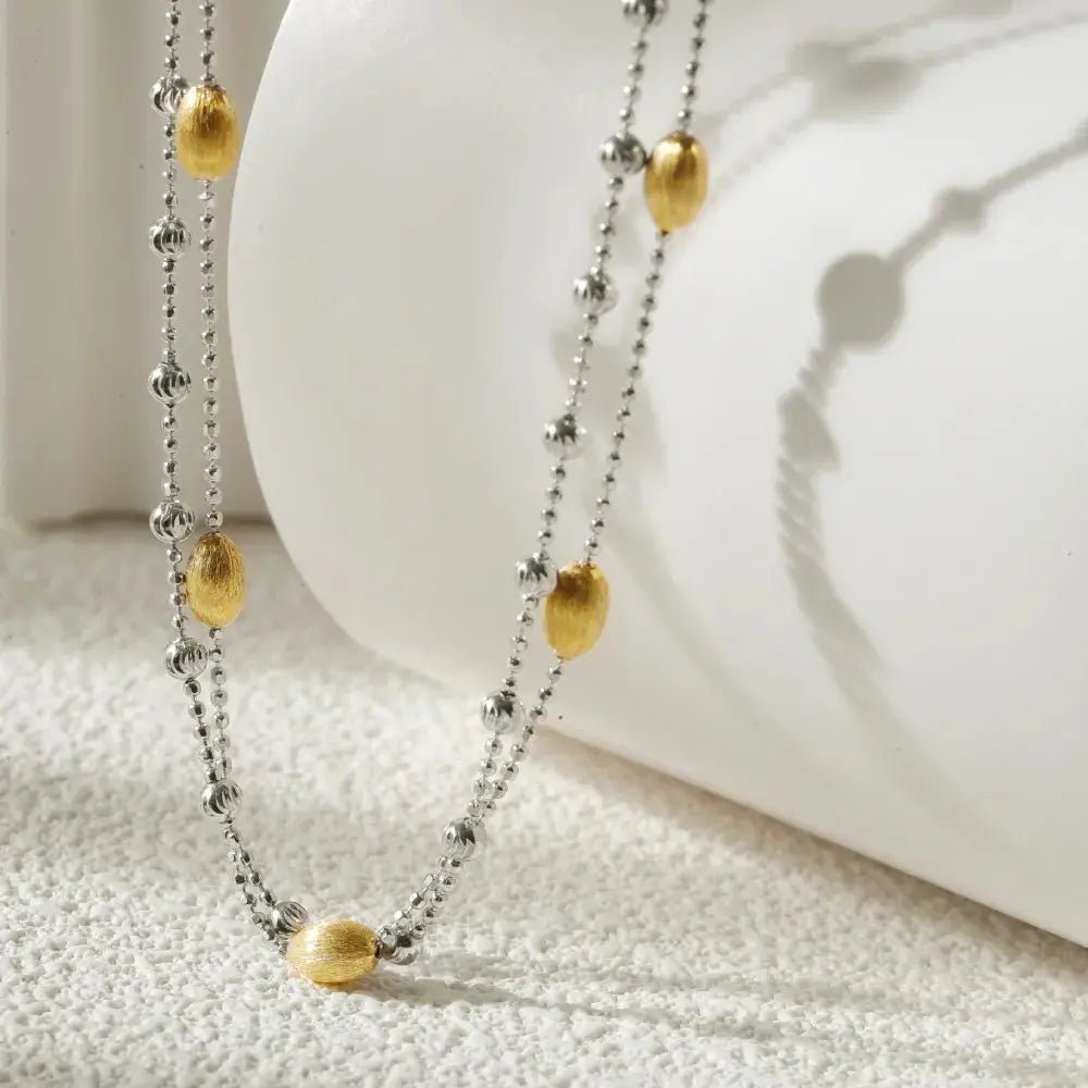 Gold Engraved Brushed Nut Shell Double-Layer Necklace (50cm) (7768) | D-POW