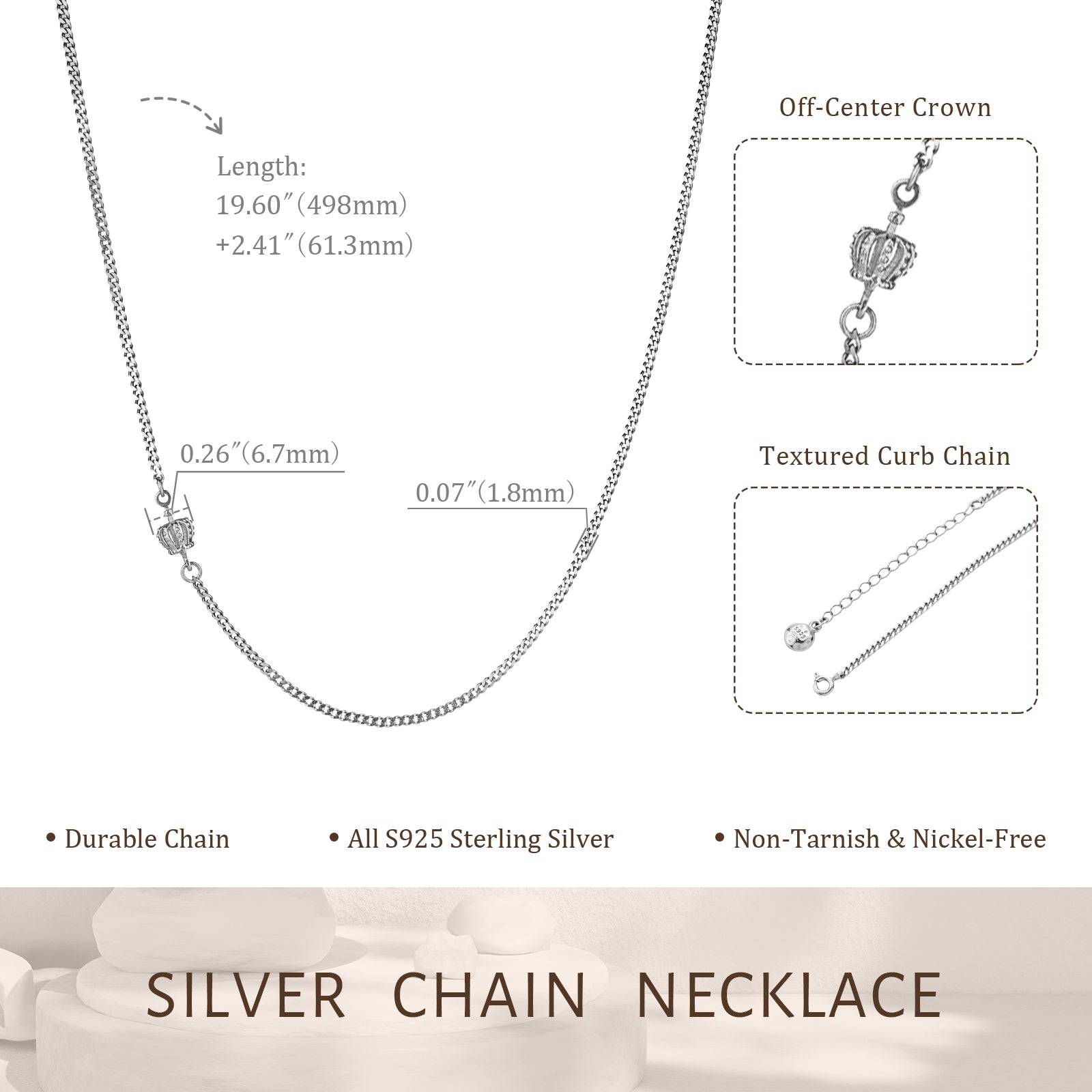 D-POW 925 Sterling Silver Chain Necklace with Spring Clasp