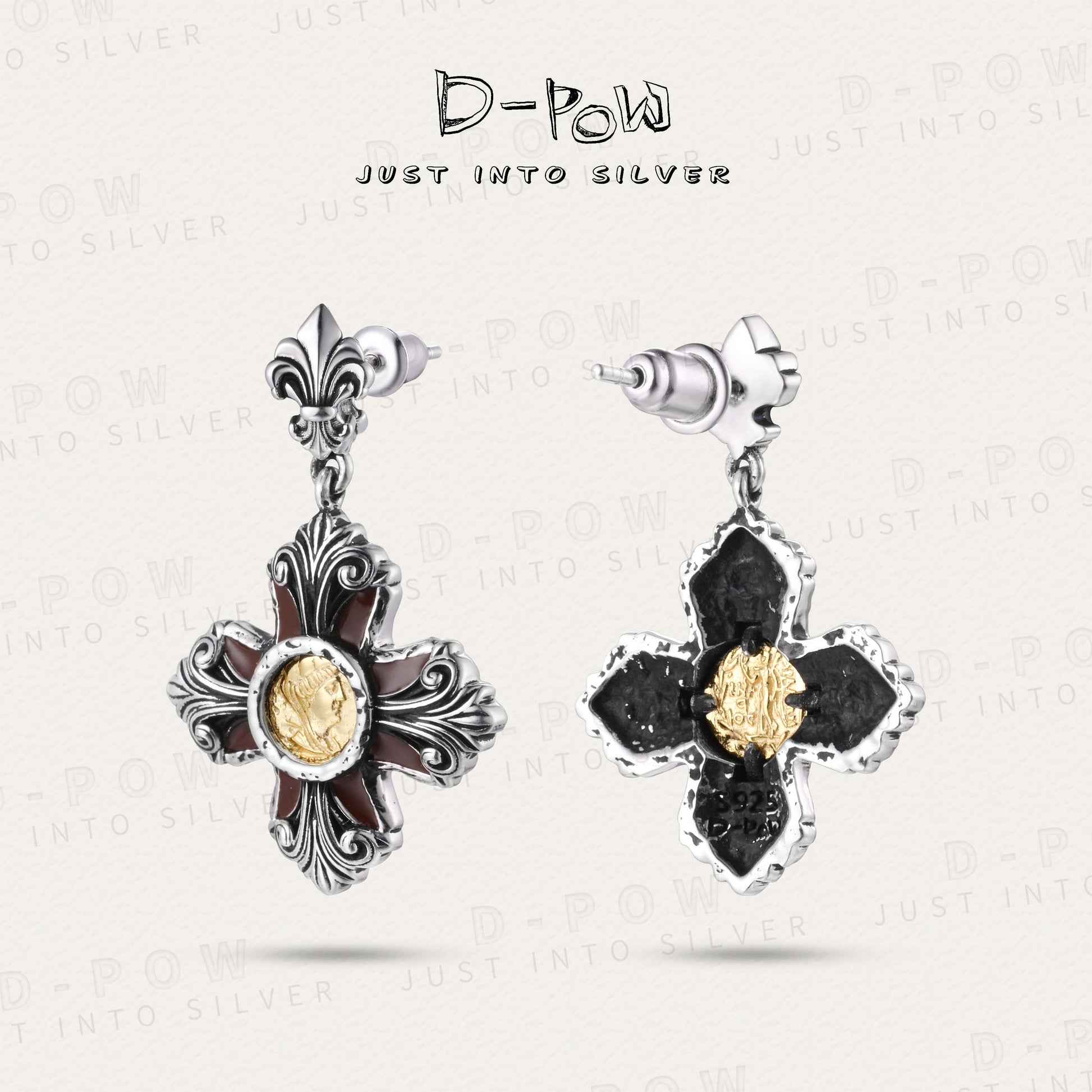 D-Pow 925 Ancient Coin Cross Texture Earring