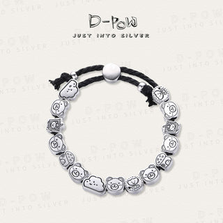 D-Pow S925 Sterling Silver “Lubi Bear” Playground Leather Cord Bracelet – Cute Charm Adjustable Bracelet for Women - D-POW
