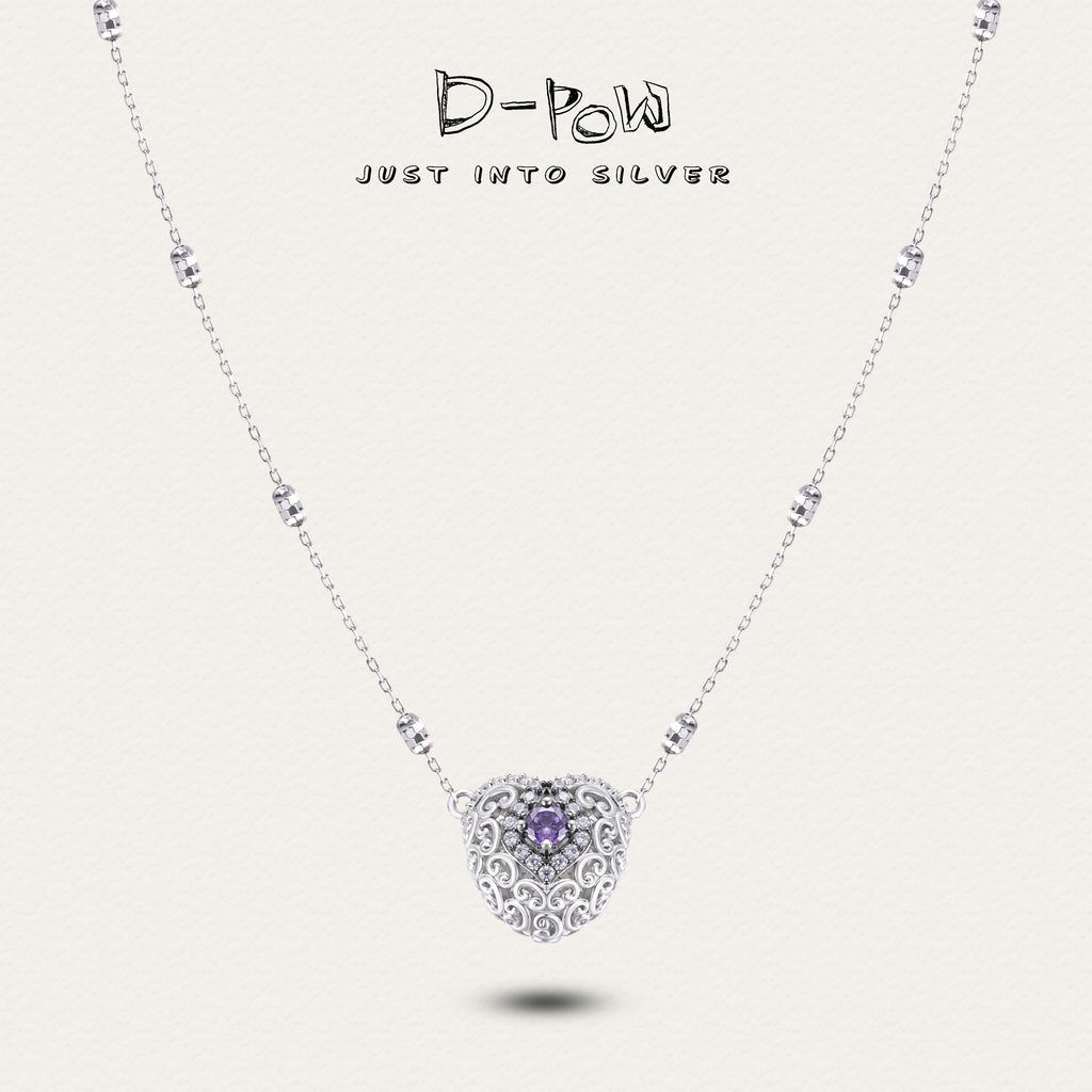 [Enchanted Heart] D-POW 925 Silver & Synthetic Zircon Pendant Necklace (50cm)
