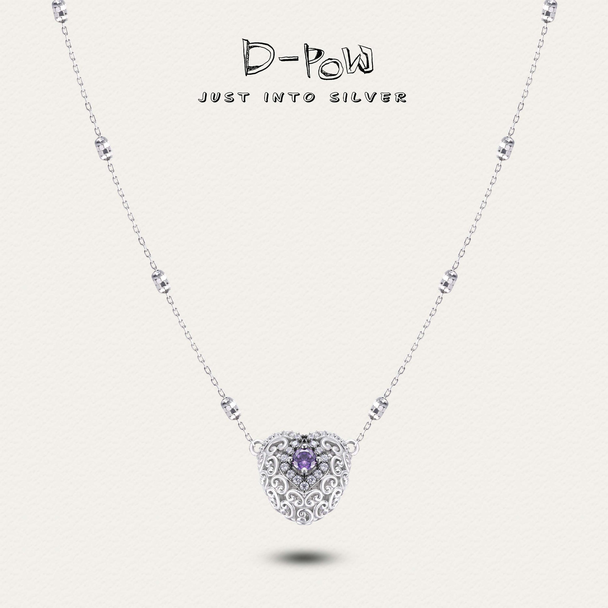 [Enchanted Heart] D-POW 925 Silver & Synthetic Zircon Pendant Necklace (50cm)