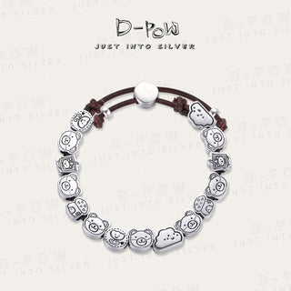 D-Pow S925 Sterling Silver “Lubi Bear” Playground Leather Cord Bracelet – Cute Charm Adjustable Bracelet for Women - D-POW