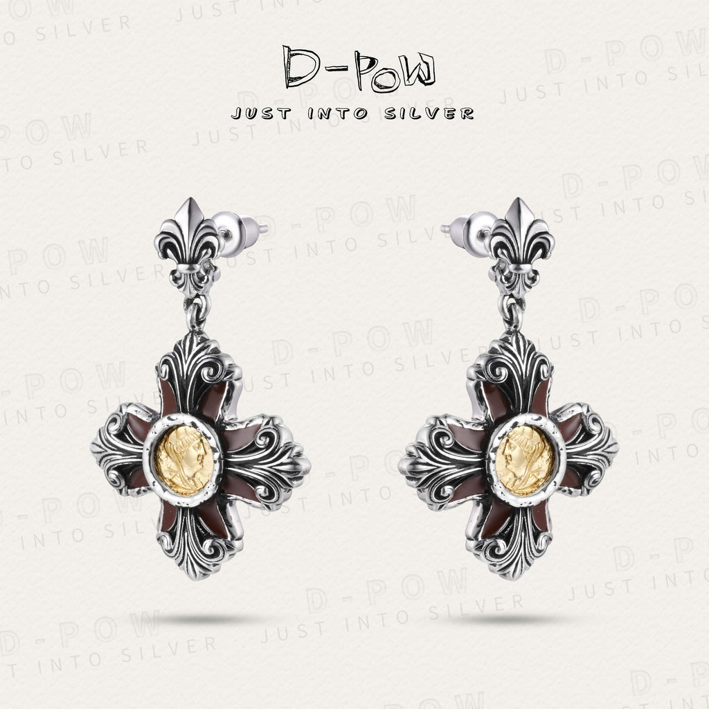 D-Pow 925 Ancient Coin Cross Texture Earring