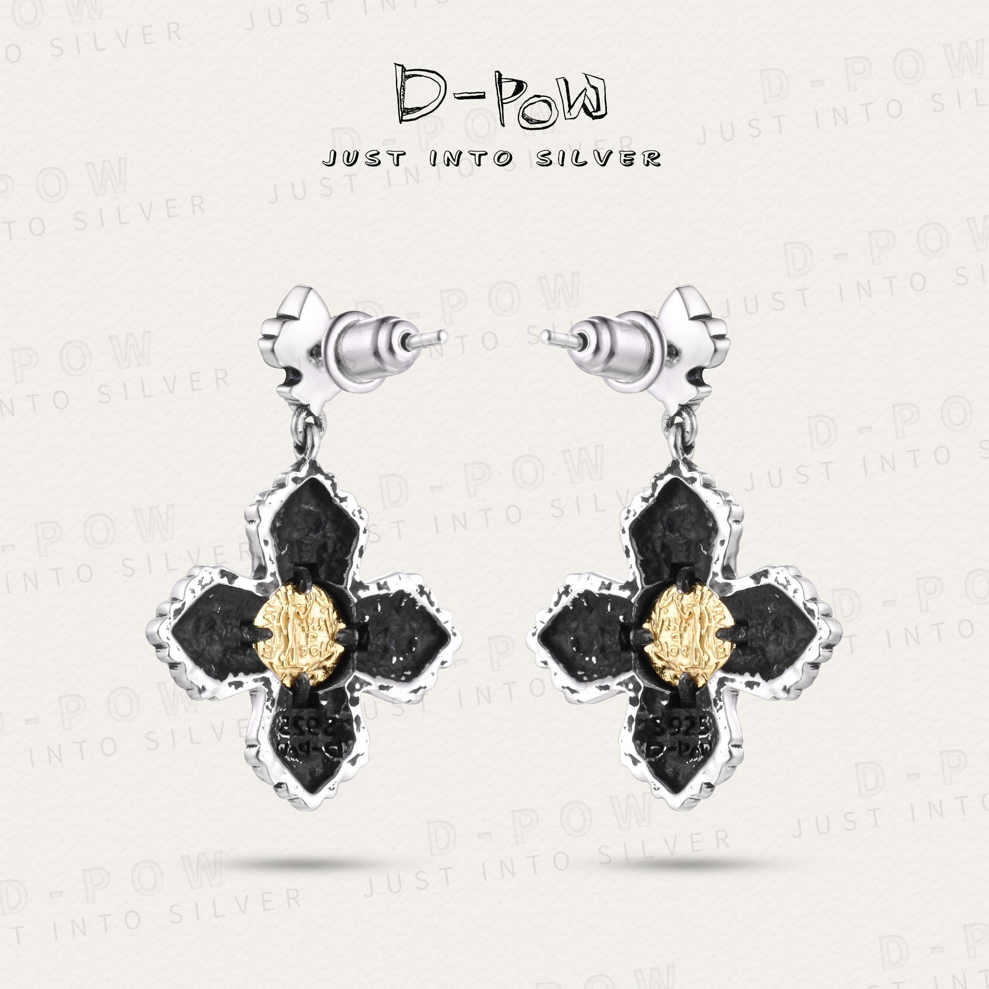 D-Pow 925 Ancient Coin Cross Texture Earring