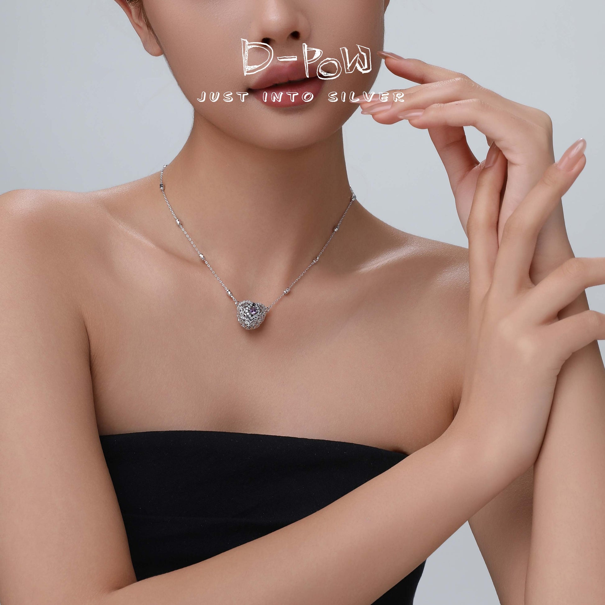 [Enchanted Heart] D-POW 925 Silver & Synthetic Zircon Pendant Necklace (50cm)