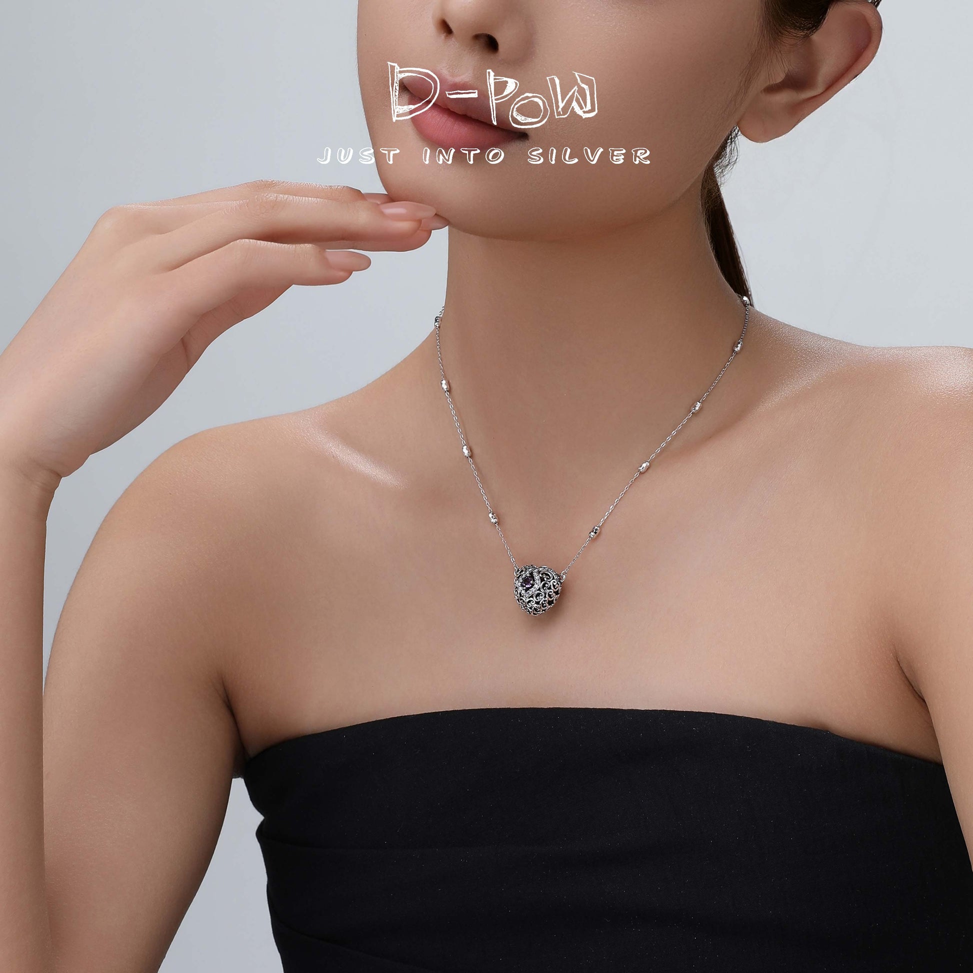 [Enchanted Heart] D-POW 925 Silver & Synthetic Zircon Pendant Necklace (50cm)