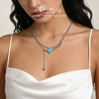 D-Pow Sterling Silver Four-Leaf Clover & Laser Crescent Moon Necklace – Minimalist Lucky Pendant Jewelry for Women - D-POW