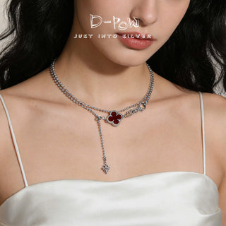 D-Pow Sterling Silver Four-Leaf Clover & Laser Crescent Moon Necklace – Minimalist Lucky Pendant Jewelry for Women - D-POW