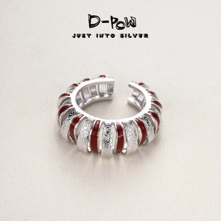 D-Pow 925 Sterling Silver Red Textured Ring | Vintage Fashion Statement Jewelry - D-POW