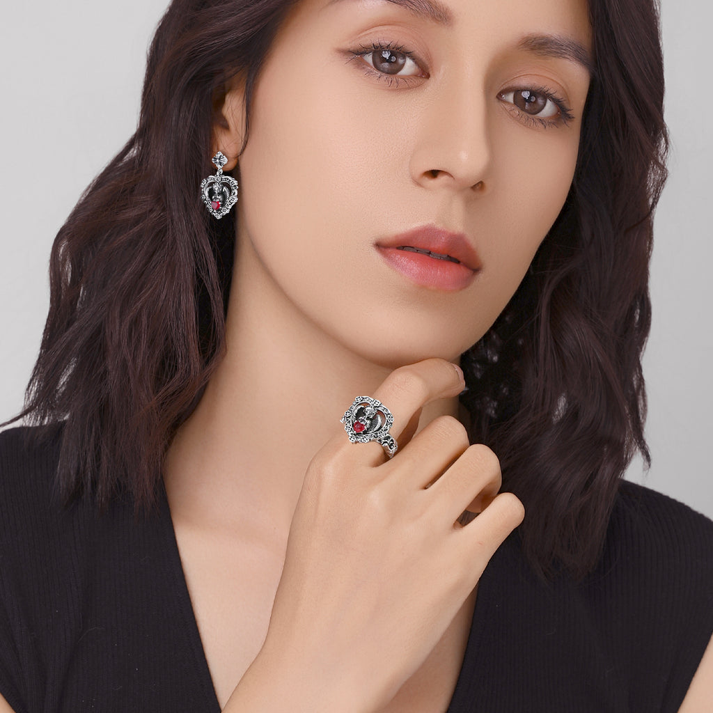 [Seraph's Silence] D-POW Heart Red Gem Jewelry Set – Sterling Silver Necklace, Ring & Earrings
