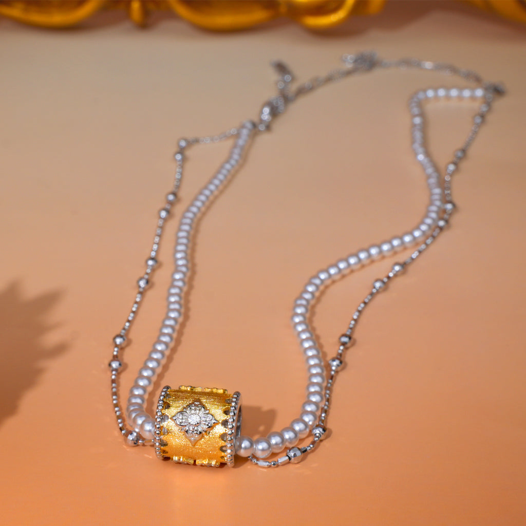 [Baroque Bloom] D-POW 925 Sterling Silver "Ineffleur" Dual-Layer Adjustable Necklace in Bucchi Style,37–51CM(14.6–20.1'')