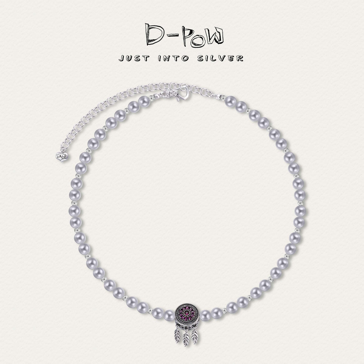 [Whispers of Dreams] D-POW Handcrafted Pearl Sterling Silver Necklace Featuring an Enchanted Dreamcatcher Disc 48cm(18.9'')