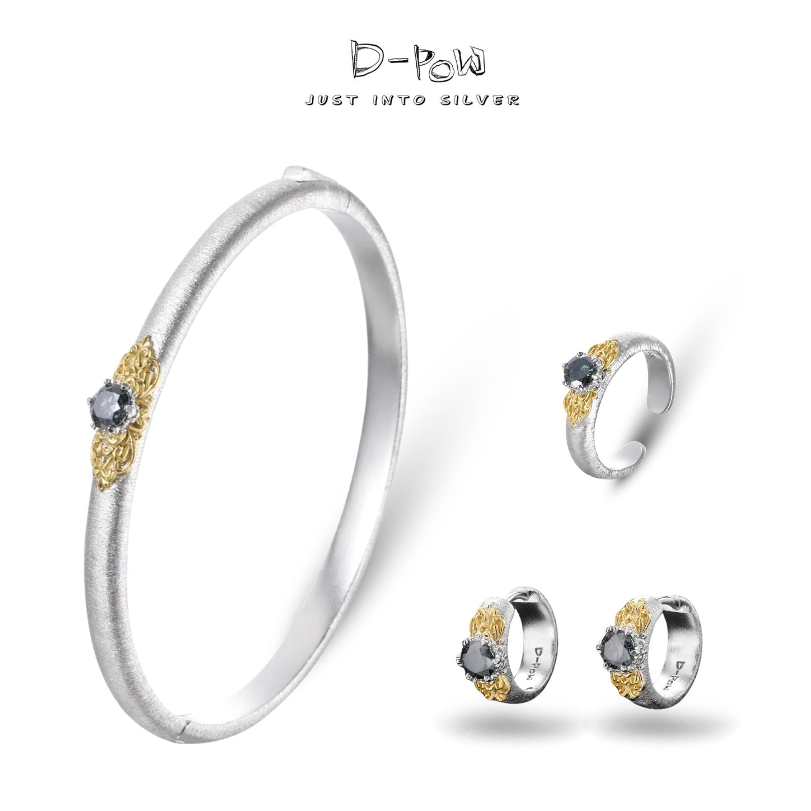 [Eternal Gleam] D-POW Moissanite Jewelry Set – Filigree Ring, Ear Clips & Bangle in 925 Silver