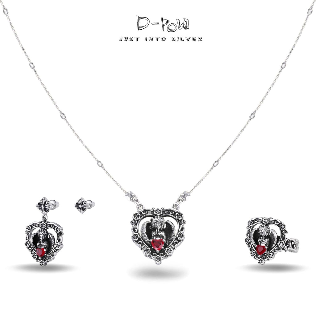 [Seraph's Silence] D-POW Heart Red Gem Jewelry Set – Sterling Silver Necklace, Ring & Earrings
