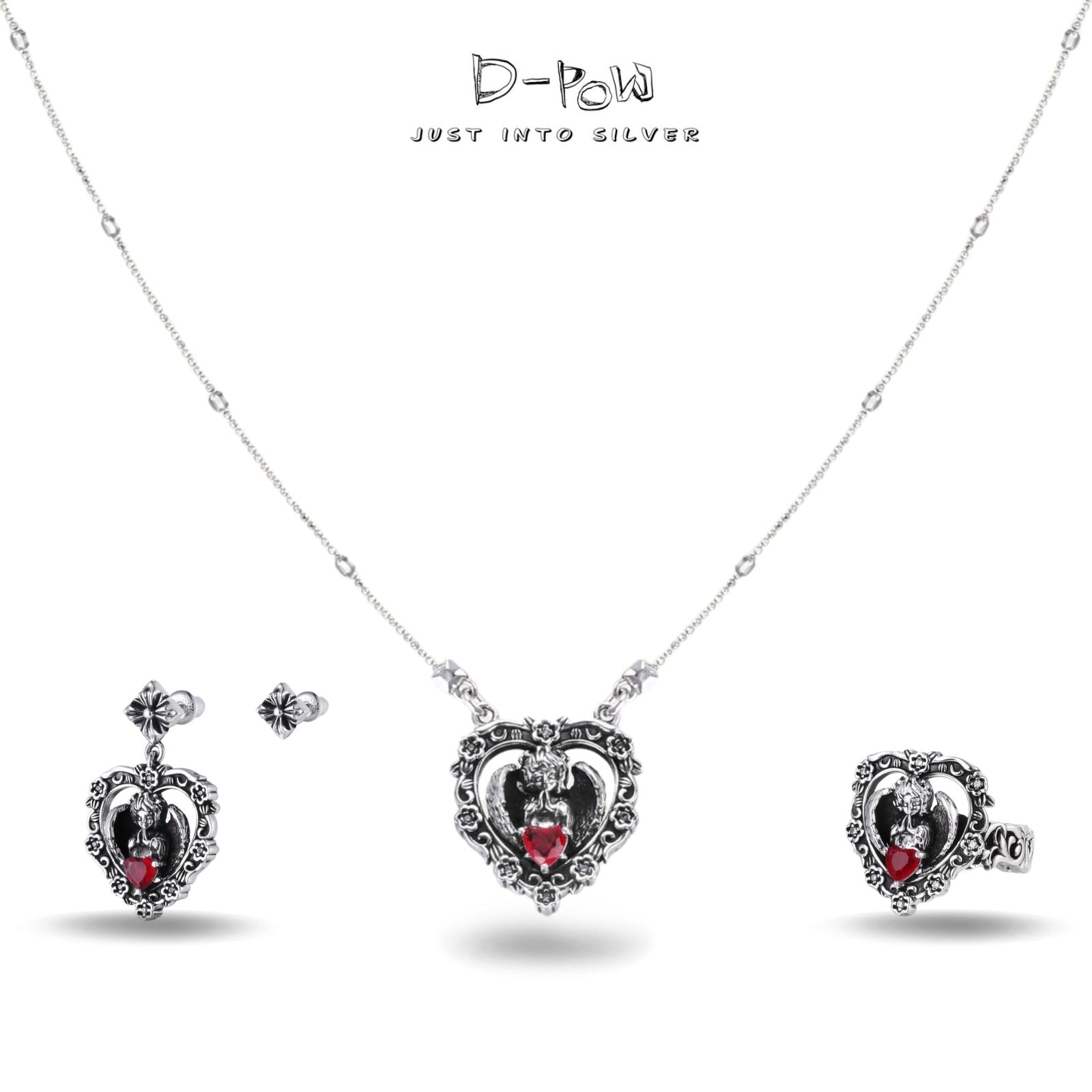 [Seraph's Silence] D-POW Heart Red Gem Jewelry Set – Sterling Silver Necklace, Ring & Earrings