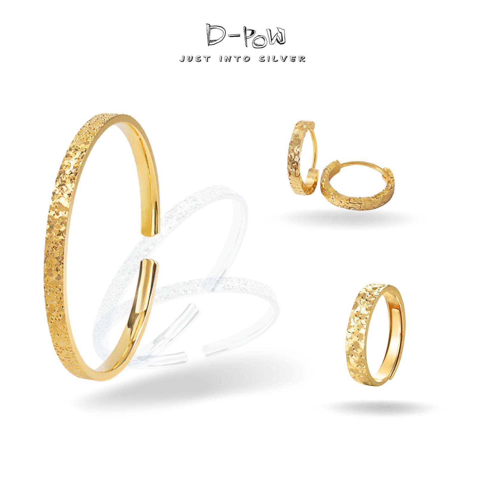 [Shatterlight Series] D-POW Silver Texture Jewelry Set – Cuff, Hoop Earrings & Statement Ring
