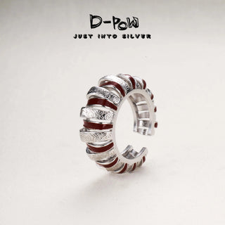 D-Pow 925 Sterling Silver Red Textured Ring | Vintage Fashion Statement Jewelry - D-POW