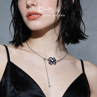 D-Pow S925 Sterling Silver “Cream Flower” Necklace – 58cm Sweet Floral Pendant Long Chain for Women - D-POW