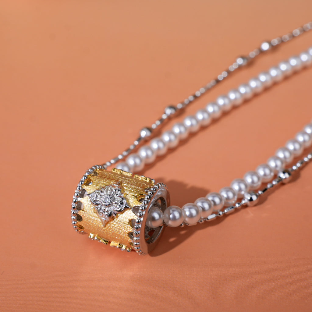 [Baroque Bloom] D-POW 925 Sterling Silver "Ineffleur" Dual-Layer Adjustable Necklace in Bucchi Style,37–51CM(14.6–20.1'')