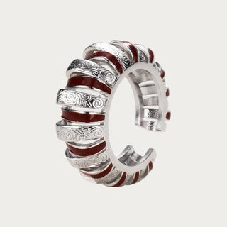 D-Pow 925 Sterling Silver Red Textured Ring | Vintage Fashion Statement Jewelry - D-POW