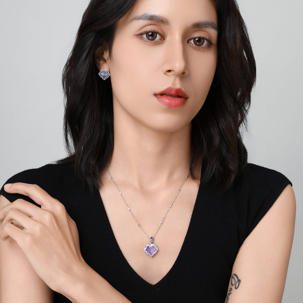 [Lustre Ruyi] D-pow Silver Jewelry Set – Necklace & Stud Earrings with Quartz Stones