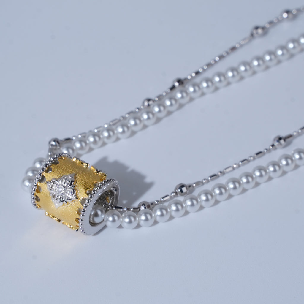 [Baroque Bloom] D-POW 925 Sterling Silver "Ineffleur" Dual-Layer Adjustable Necklace in Bucchi Style,37–51CM(14.6–20.1'')