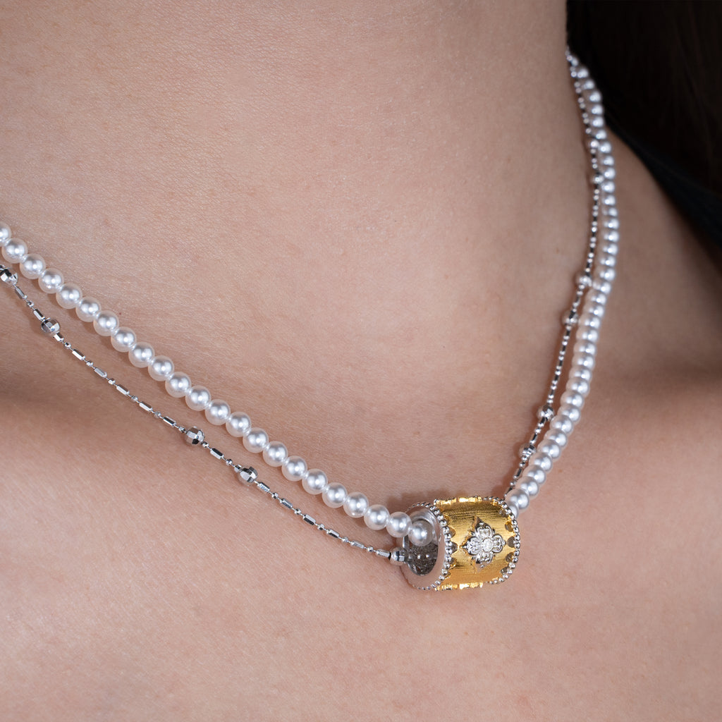 [Baroque Bloom] D-POW 925 Sterling Silver "Ineffleur" Dual-Layer Adjustable Necklace in Bucchi Style,37–51CM(14.6–20.1'')
