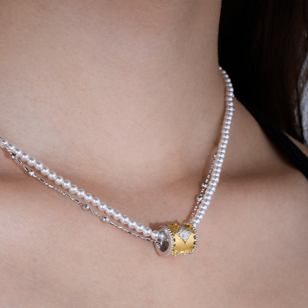 [Baroque Bloom] D-POW 925 Sterling Silver "Ineffleur" Dual-Layer Adjustable Necklace in Bucchi Style,37–51CM(14.6–20.1'')