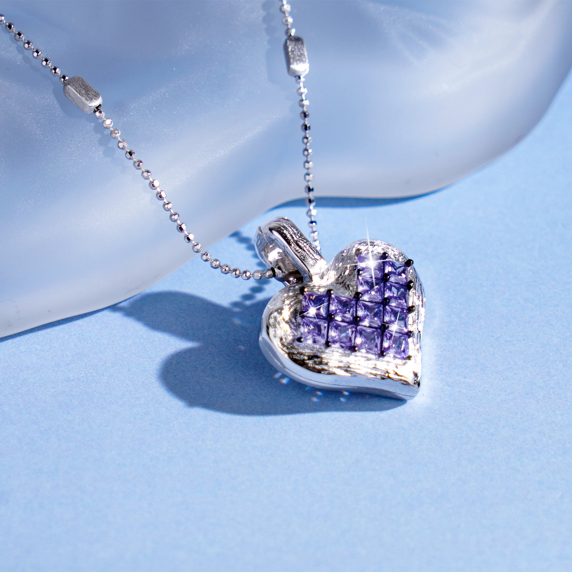 [Cosmic Amour] D-POW Crushed Ice Heart Pendant Necklace in 925 Silver, 55CM (21.65")