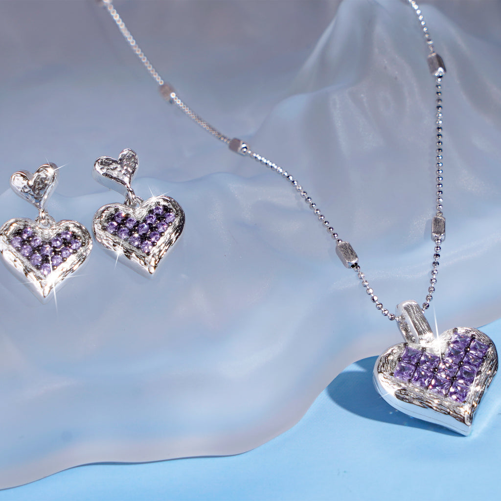[Cosmic Amour] D-POW Crushed Ice Heart Jewelry Set in 925 Silver – Pendant Necklace & Earrings