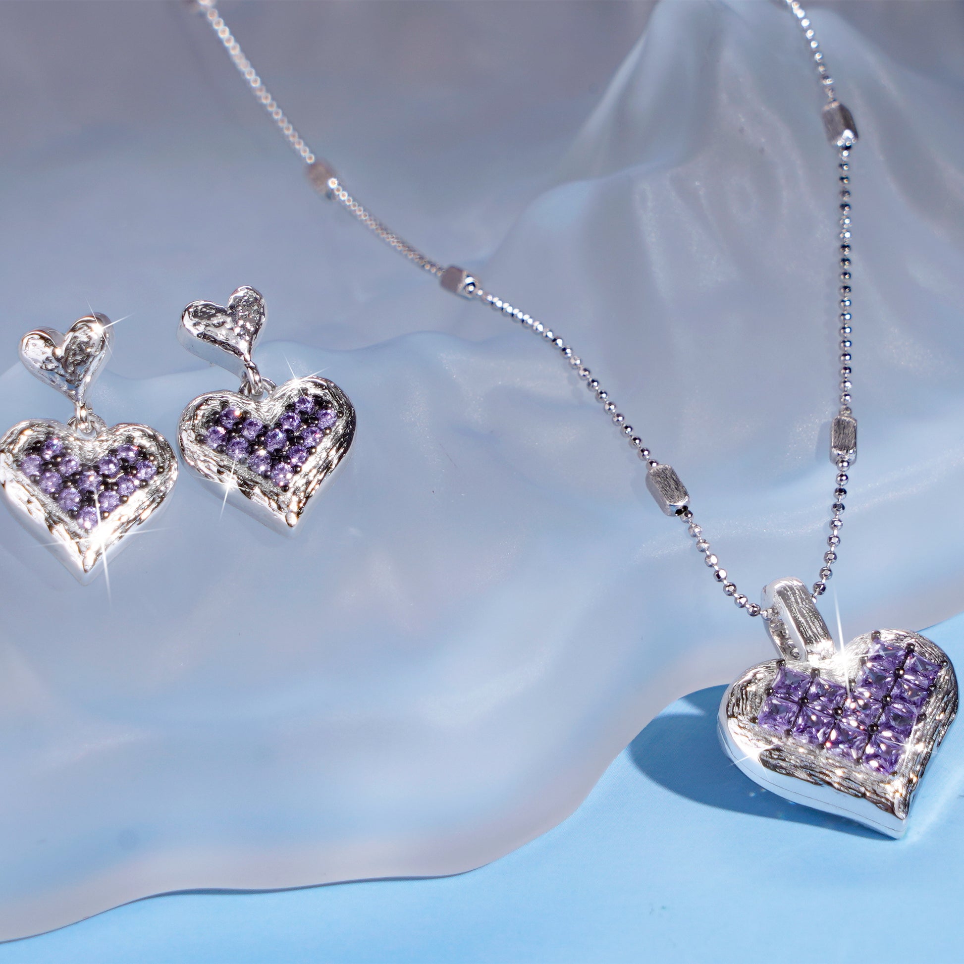 [Cosmic Amour] D-POW Crushed Ice Heart Jewelry Set in 925 Silver – Pendant Necklace & Earrings