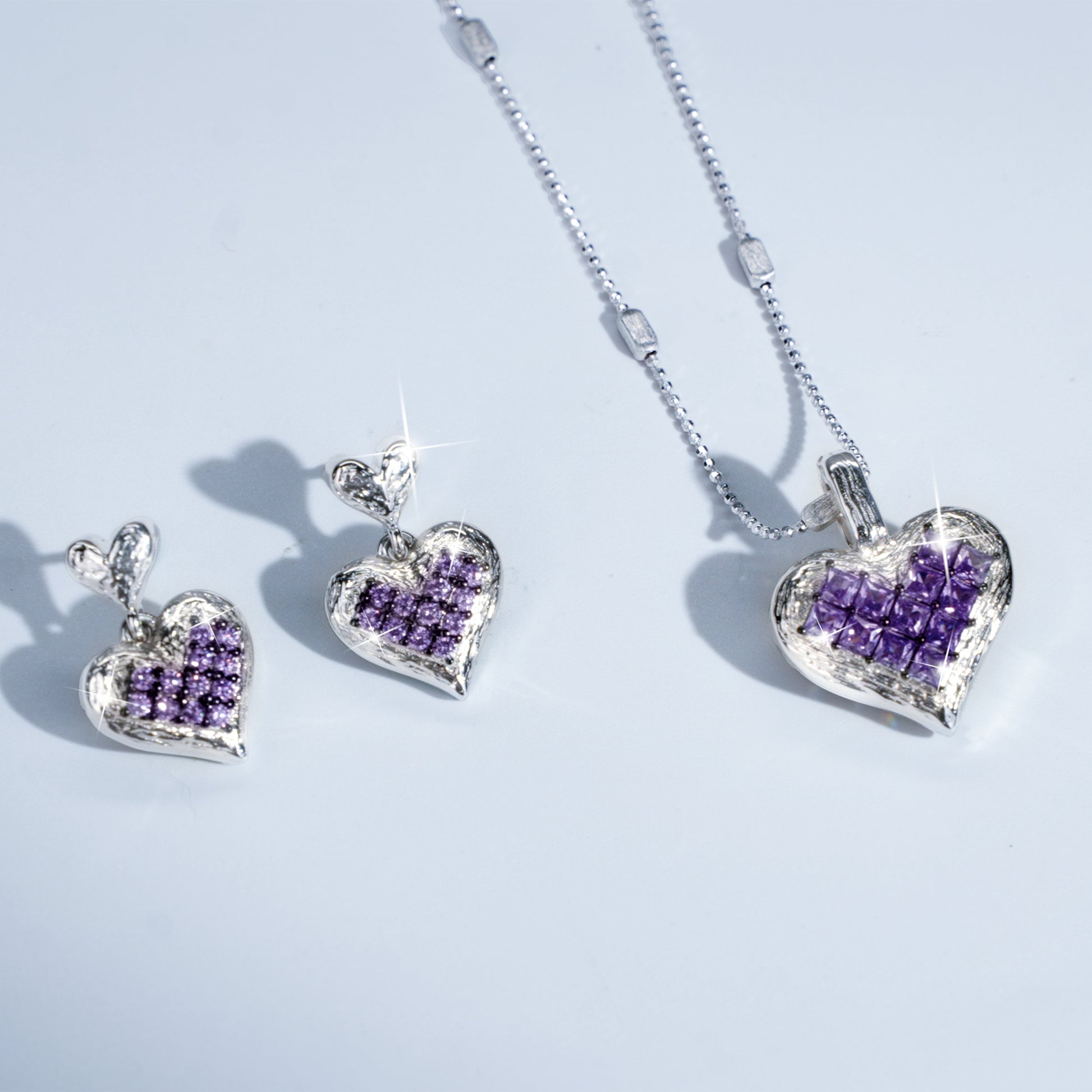[Cosmic Amour] D-POW Crushed Ice Heart Jewelry Set in 925 Silver – Pendant Necklace & Earrings
