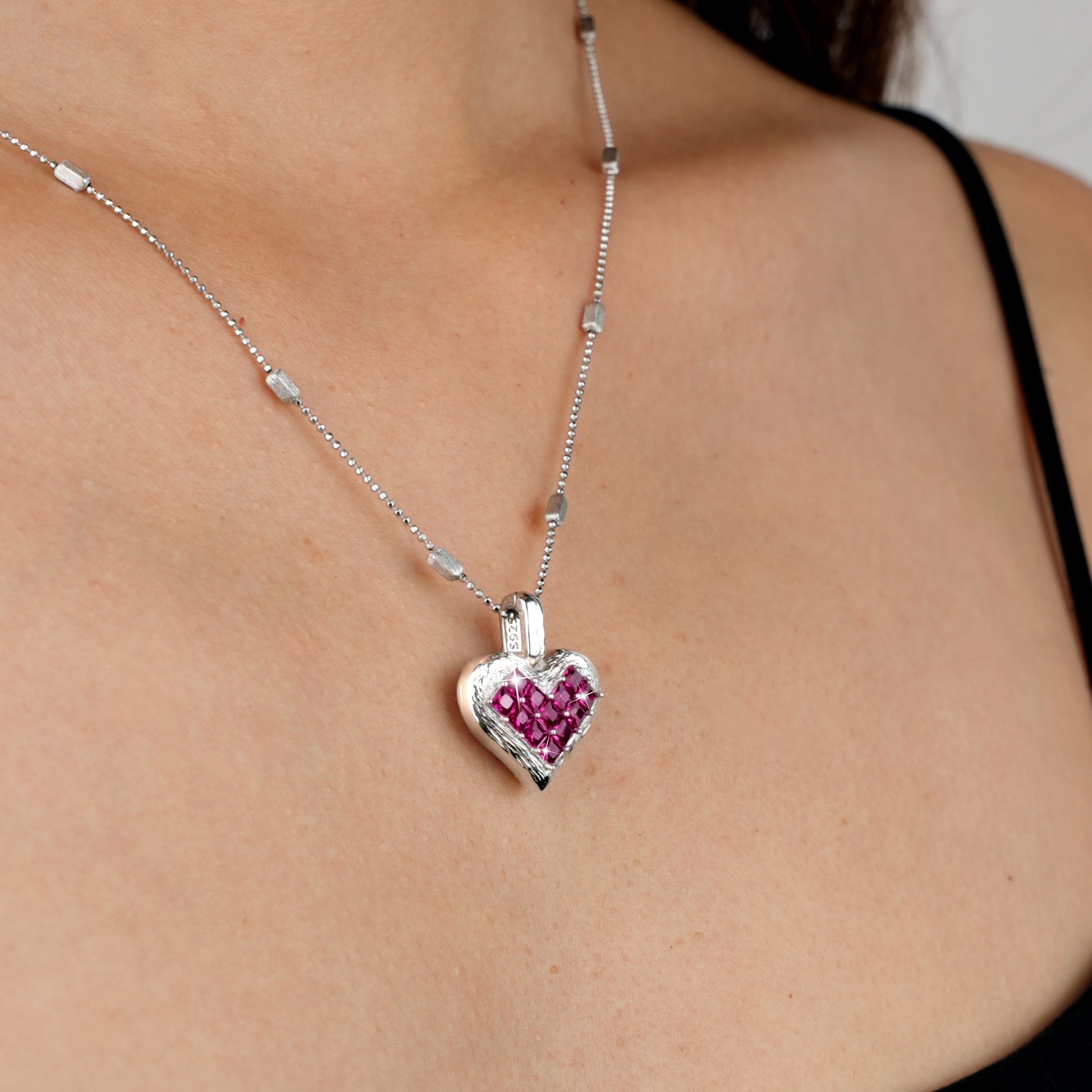 [Cosmic Amour] D-POW Crushed Ice Heart Pendant Necklace in 925 Silver, 55CM (21.65")