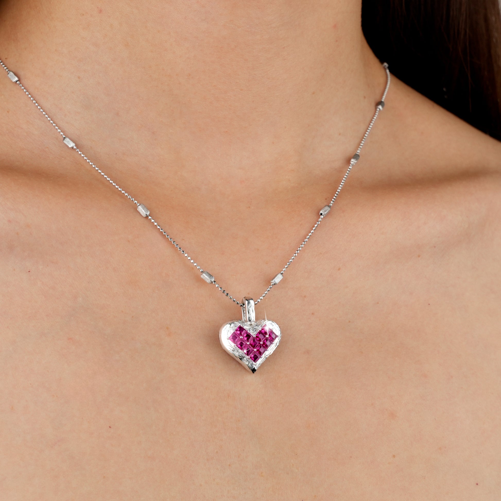 [Cosmic Amour] D-POW Crushed Ice Heart Pendant Necklace in 925 Silver, 55CM (21.65")