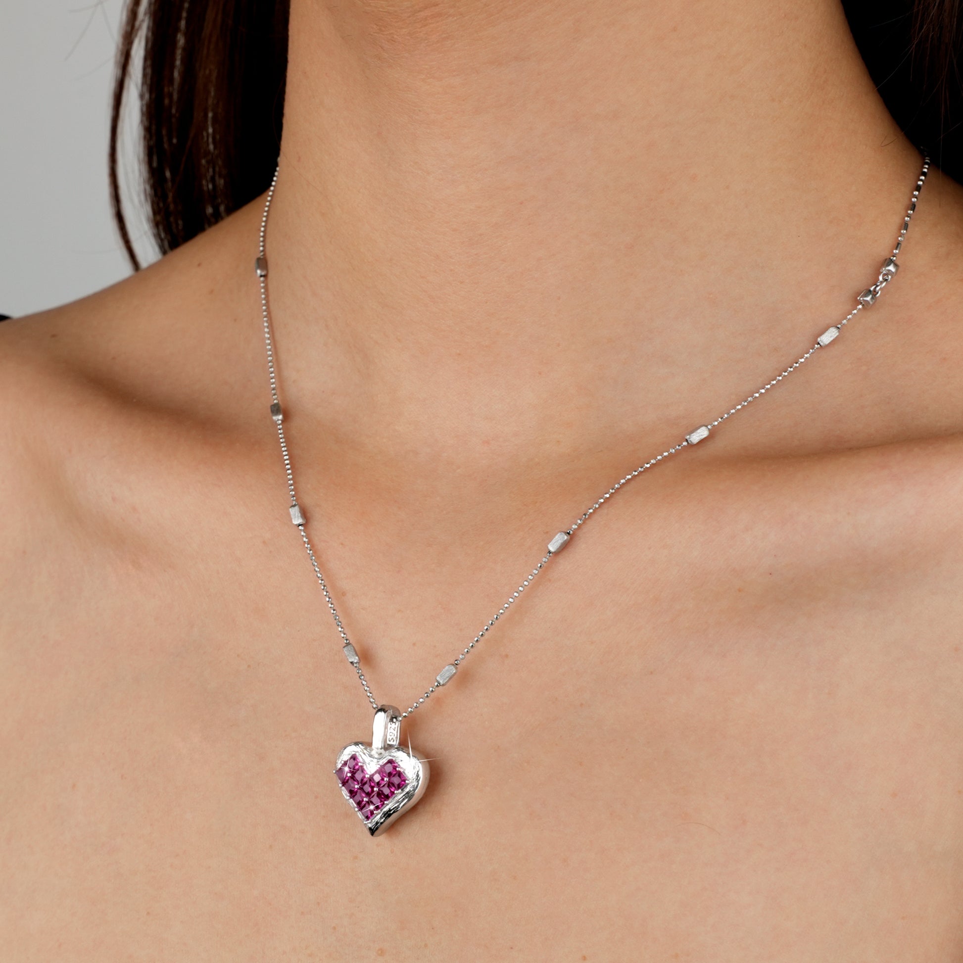 [Cosmic Amour] D-POW Crushed Ice Heart Pendant Necklace in 925 Silver, 55CM (21.65")