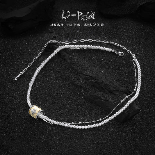 Front view of the D-POW "Ineffleur" dual-layer adjustable necklace in 925 sterling silver, part of the Baroque Bloom collection.