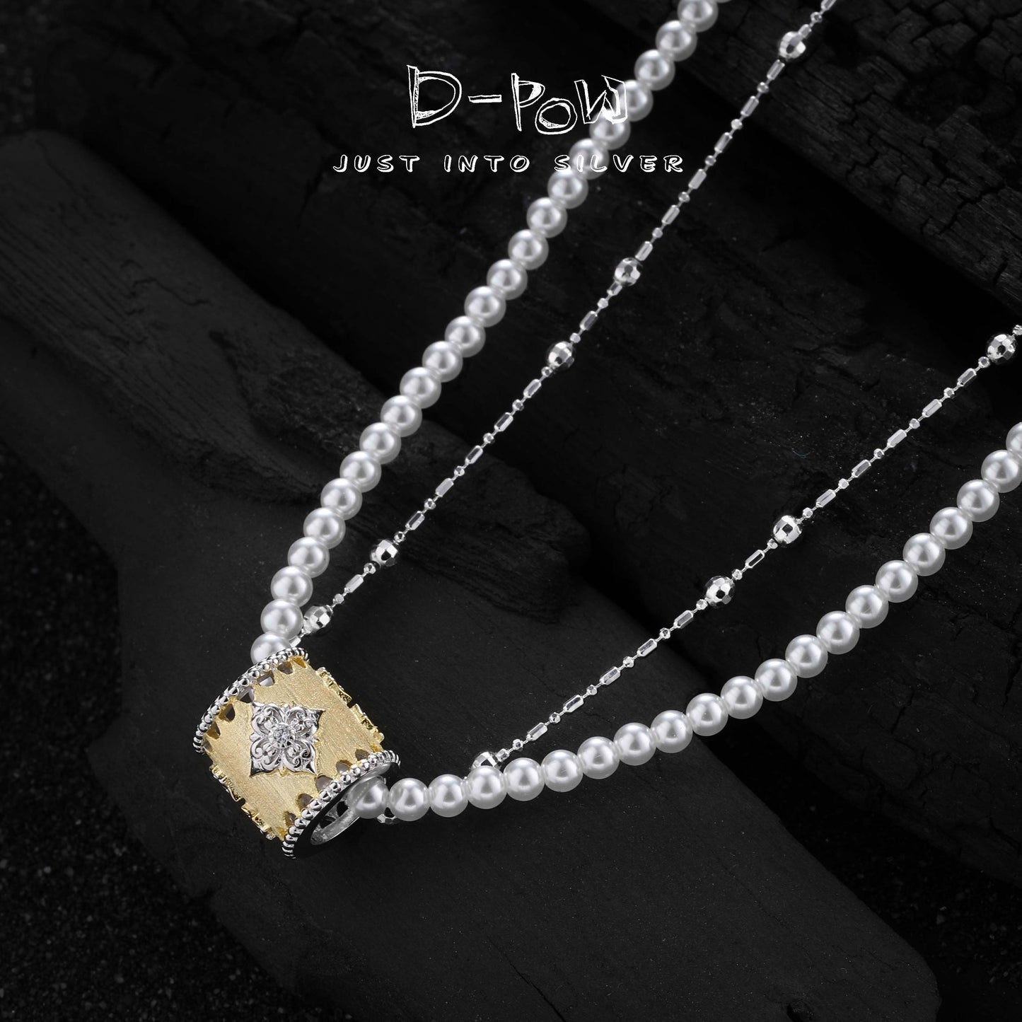 [Baroque Bloom] D-POW 925 Sterling Silver "Ineffleur" Dual-Layer Adjustable Necklace in Bucchi Style,37–51CM(14.6–20.1'')