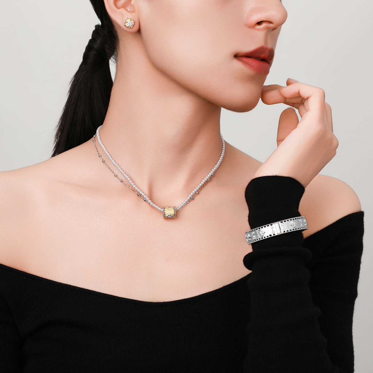 [Baroque Bloom] D-POW 925 Sterling Silver "Ineffleur" Dual-Layer Adjustable Necklace in Bucchi Style,37–51CM(14.6–20.1'')