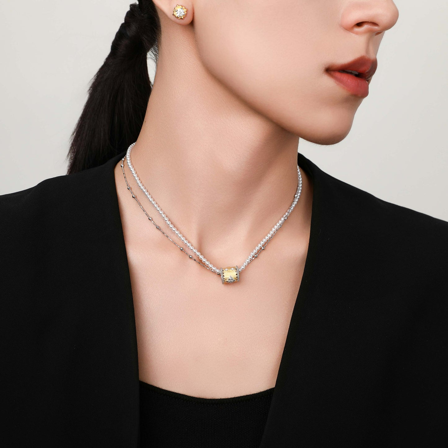 [Baroque Bloom] D-POW 925 Sterling Silver "Ineffleur" Dual-Layer Adjustable Necklace in Bucchi Style,37–51CM(14.6–20.1'')