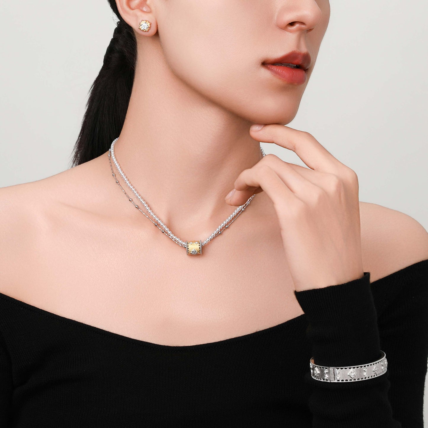 [Baroque Bloom] D-POW 925 Sterling Silver "Ineffleur" Dual-Layer Adjustable Necklace in Bucchi Style,37–51CM(14.6–20.1'')