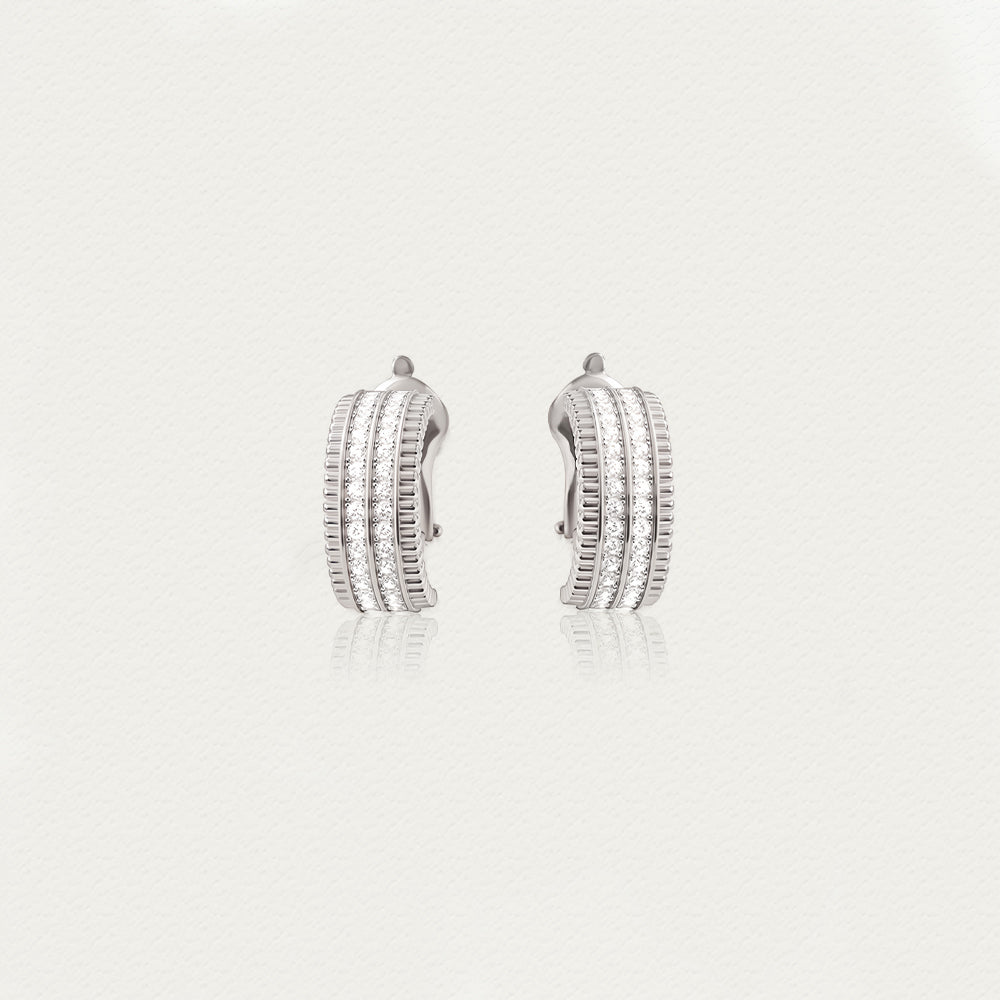 Front view of the D.POW baroque-inspired zircon hoop earrings, showcasing intricate metalwork and brilliant sparkle.
