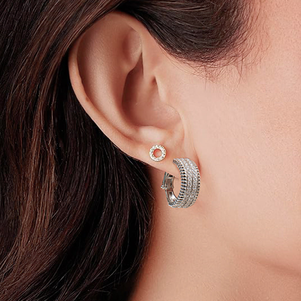 Front view of the earrings worn by the model, demonstrating their refined sparkle and timeless appeal in daily wear.