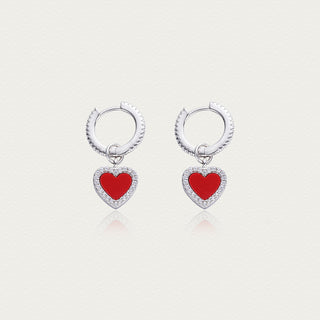 Front view of Cupid's Heart drop earrings featuring red heart-shaped agate stones set in sterling silver.