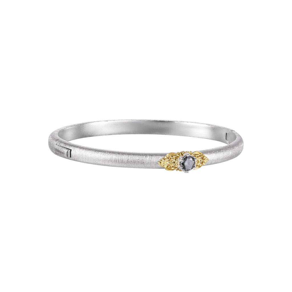 Side view of the bangle showing the fine silver latticework and embedded moissanite stones.