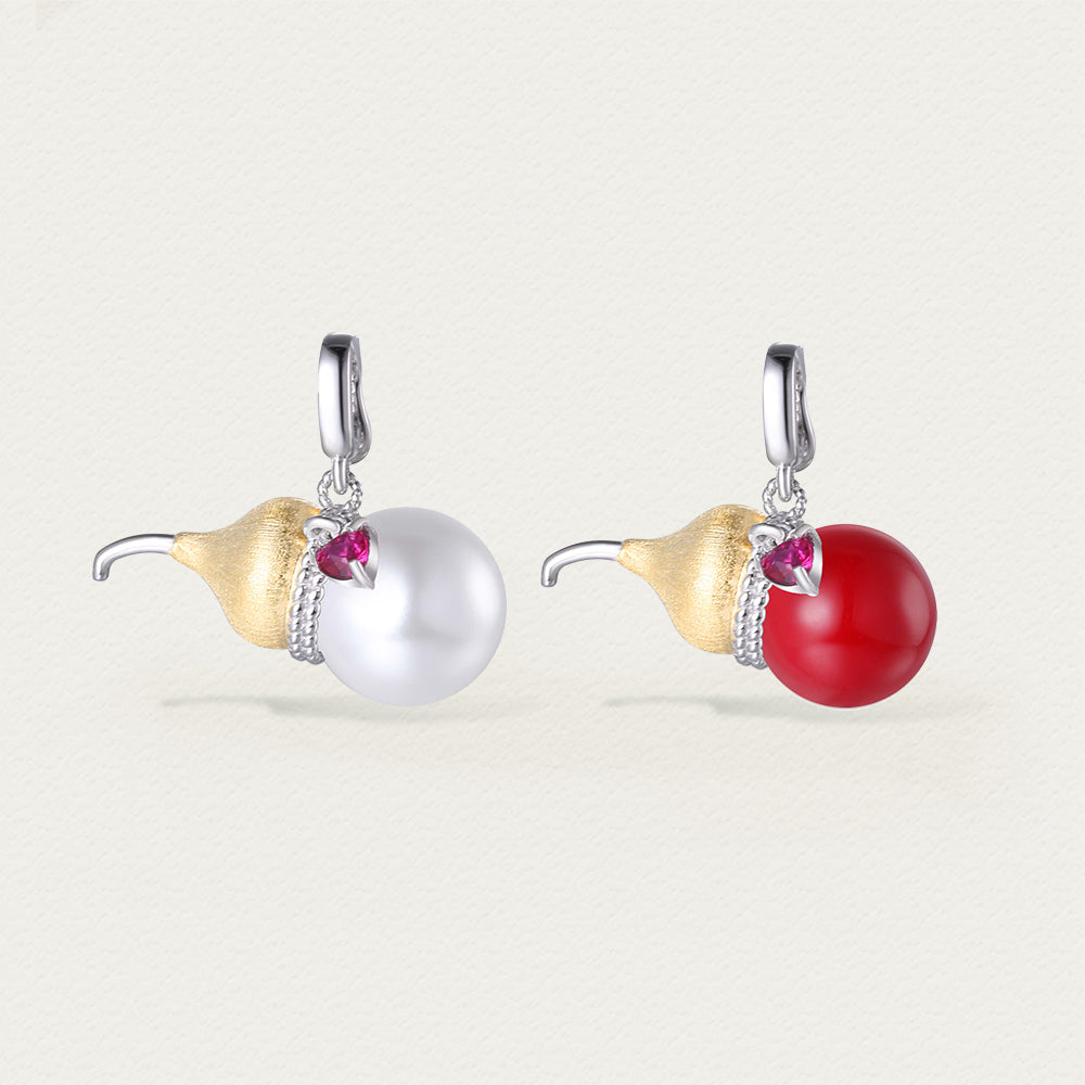 Side-by-side display of red and silver-gold versions of the Festive Lucky Gourd necklace, showcasing color variety and craftsmanship.
