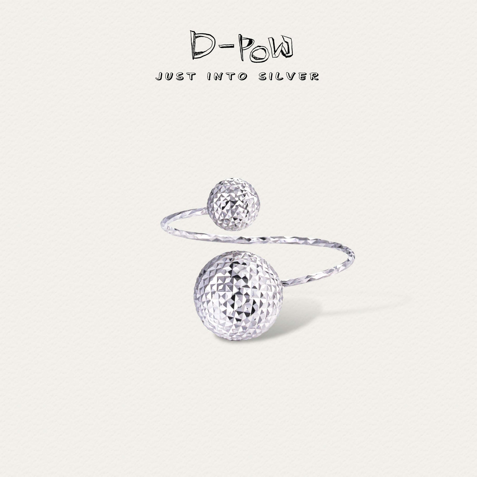 D-POW Frozen Echo dual cosmic sphere adjustable sterling silver ring, showcasing the intricate design and cosmic spheres from the front view.