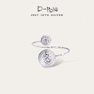 D-POW Frozen Echo dual cosmic sphere adjustable sterling silver ring, showcasing the intricate design and cosmic spheres from the front view.